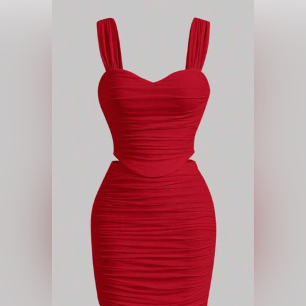 SHEIN MOD Solid Slim Fit Ruched Wide Strap Top Bodycon Elasticity Mesh Red Skirt